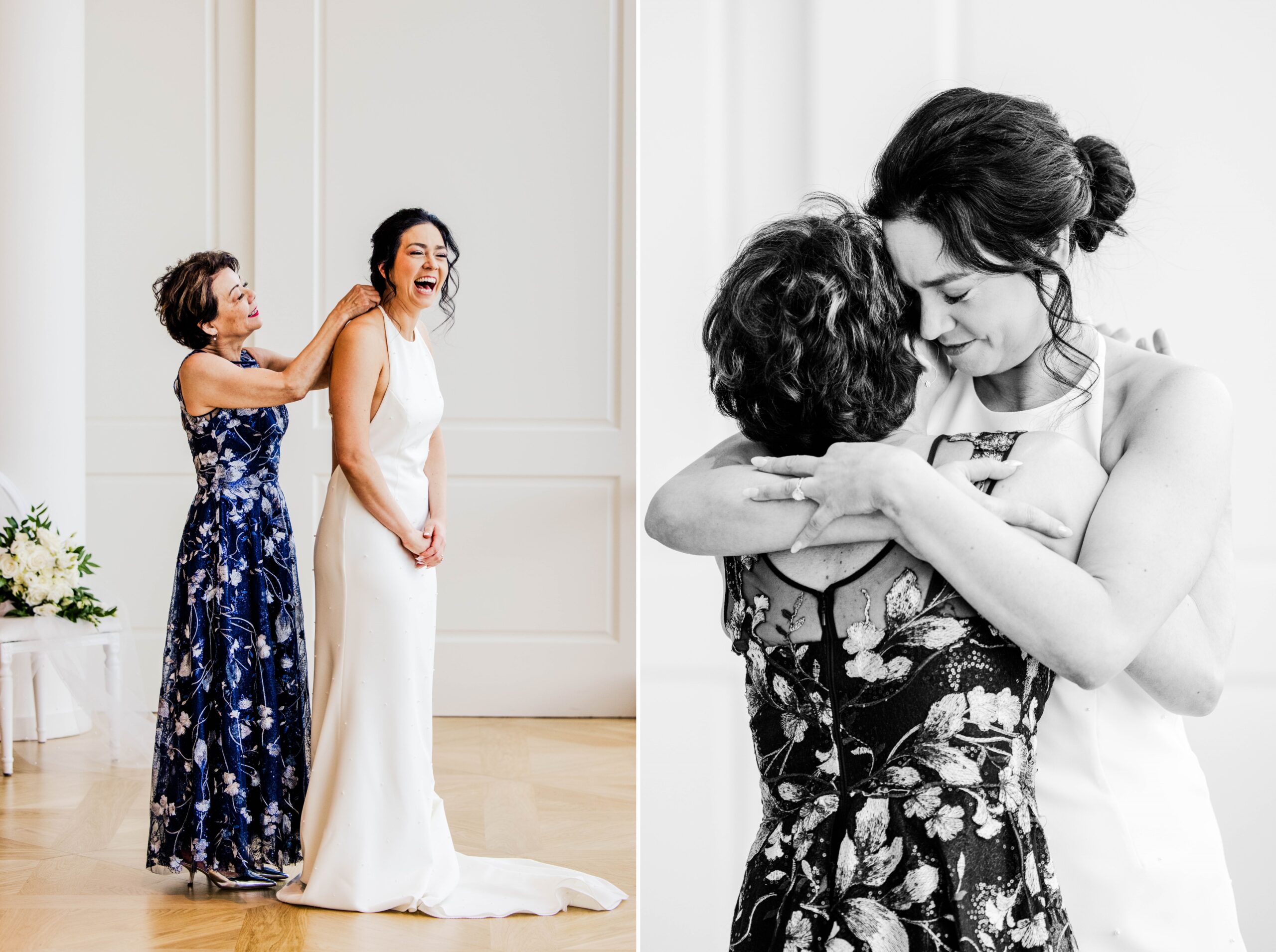 Bridal getting dressed with her mother showing a range of emotions