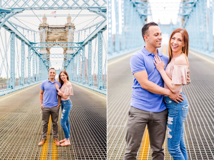 Man in blue polo shirt and woman in torn blue jeans and pink off the shoulder shirt posing on bride in Cincinnati Ohio