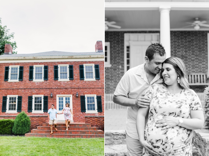 Hispanic man and pregnant woman  in a blue floral dress in front of red bride house walking down the steps. 