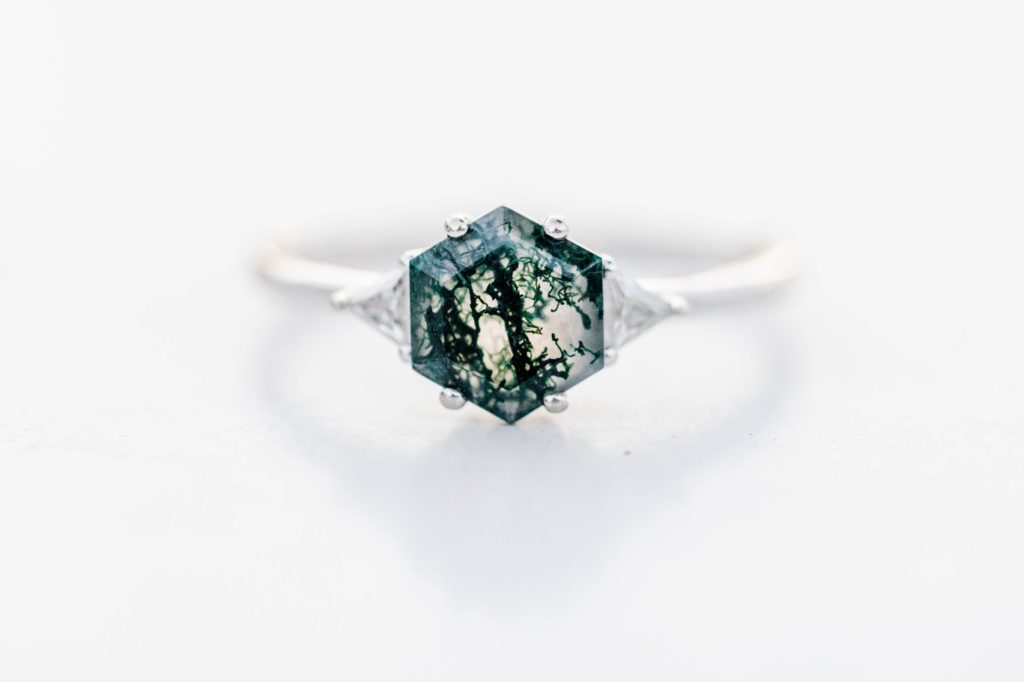 Detail shot of Hannah's moss agate ring during Mason, OH Photographer engagement session