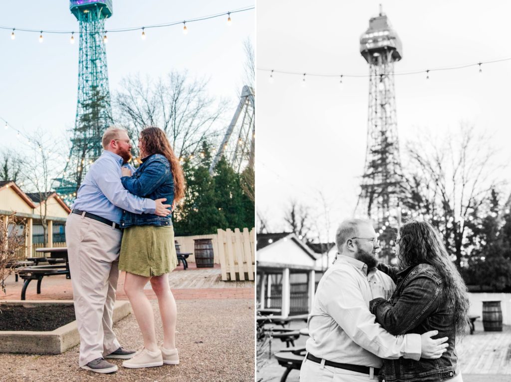 Hannah and Andrew at Kings Island Amusement Park in front of tower during Mason, OH Photographer engagement session