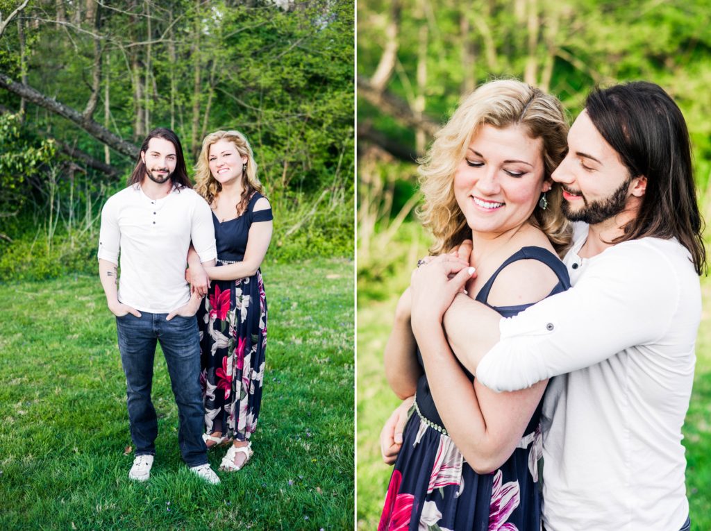 A collage of Stacy and Joseph arm in arm in front of the forest on the left and hugging and smiling on the right during their The couple kissing in front of some greenery during their spring engagement session