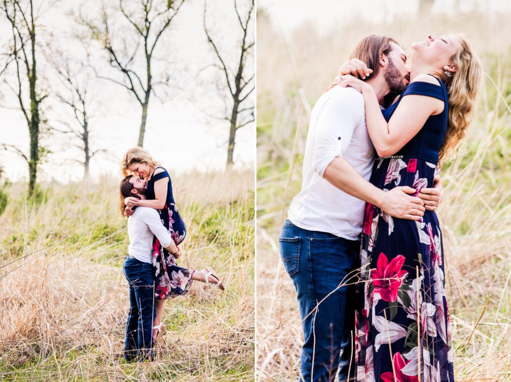 Collage of Joseph holding Stacy among some tall grass on the left and him kissing her neck among the grass on the right