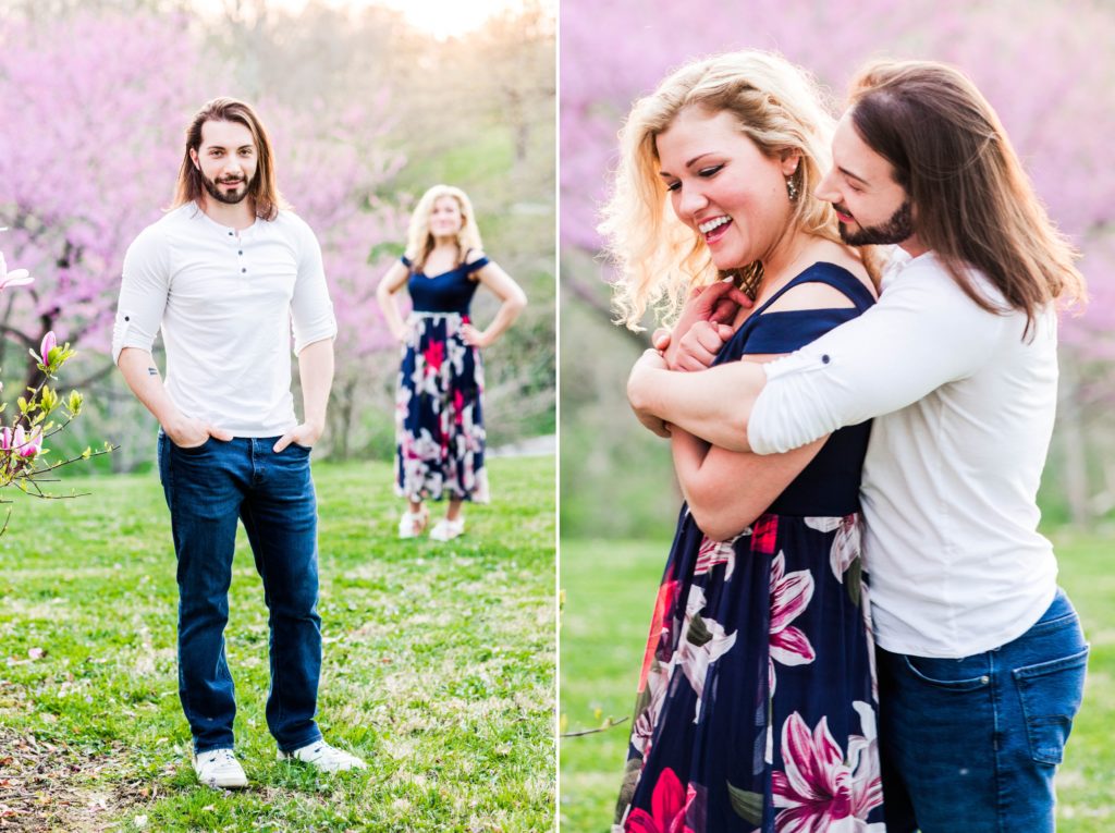A collage of Stacy standing in the background while Joseph poses and the two hugging during their spring engagement session