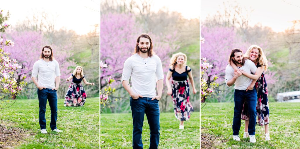 A collage of Stacy sneaking up behind Joseph and hugging him at the end during their The couple kissing in front of some greenery during their spring engagement session