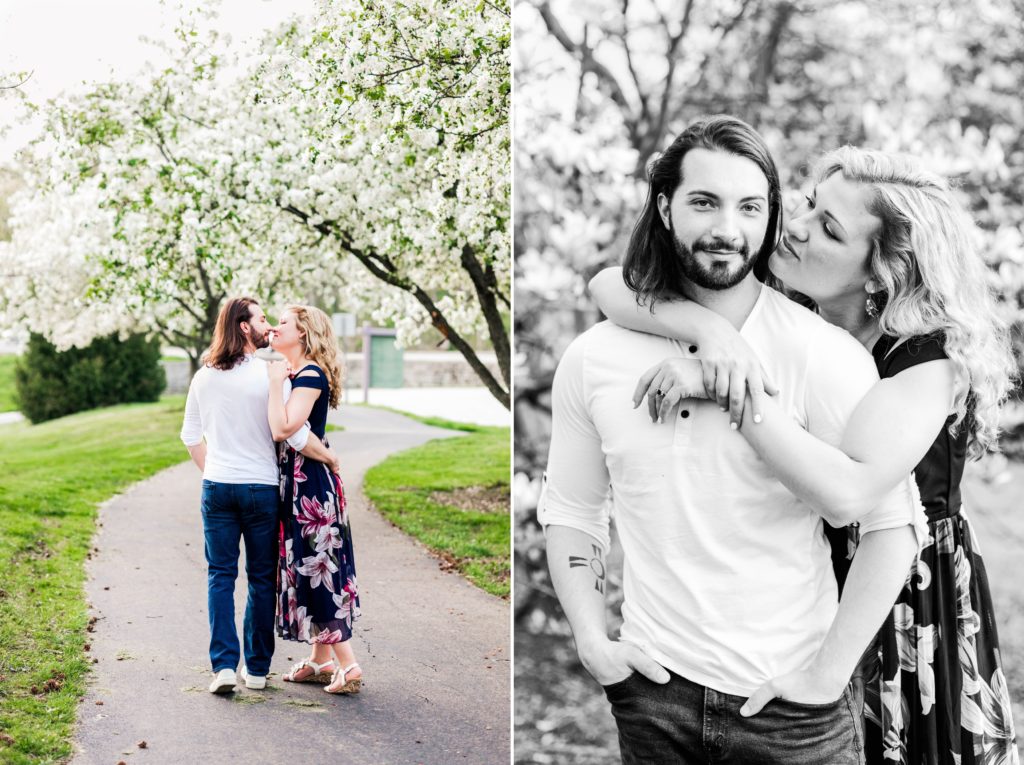 Collage of the couple eskimo kissing under a tree on the left and of Stacy about to kiss Joseph's cheek on the right during their spring engagement session
