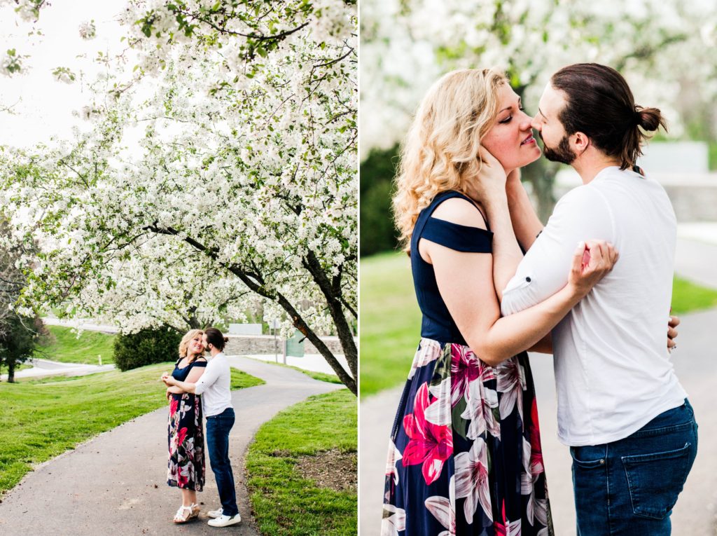 Collage of the couple embracing under a flowering tree on the left and them about to kiss on the right