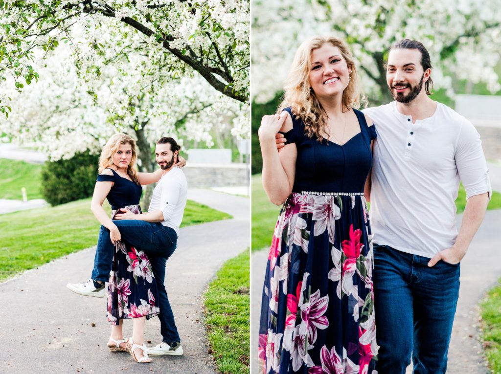 Collage of Stacy and Joseph posing goofily on the left and them walking together on the right during their spring engagement session