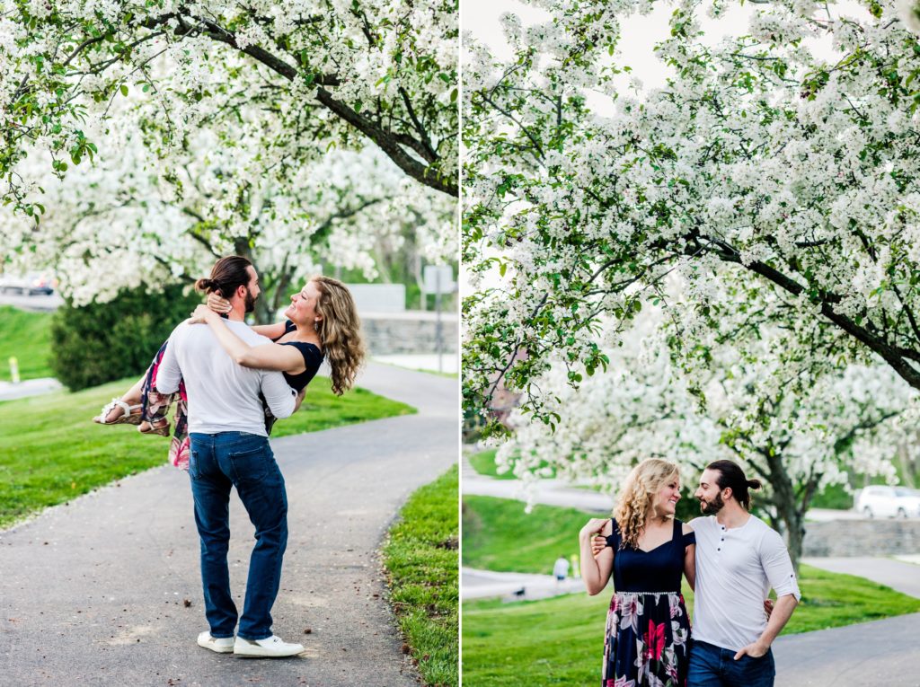 Collage of Joseph holding Stacy on the left and them walking together under a tree of white flowers on the right during their spring engagement session