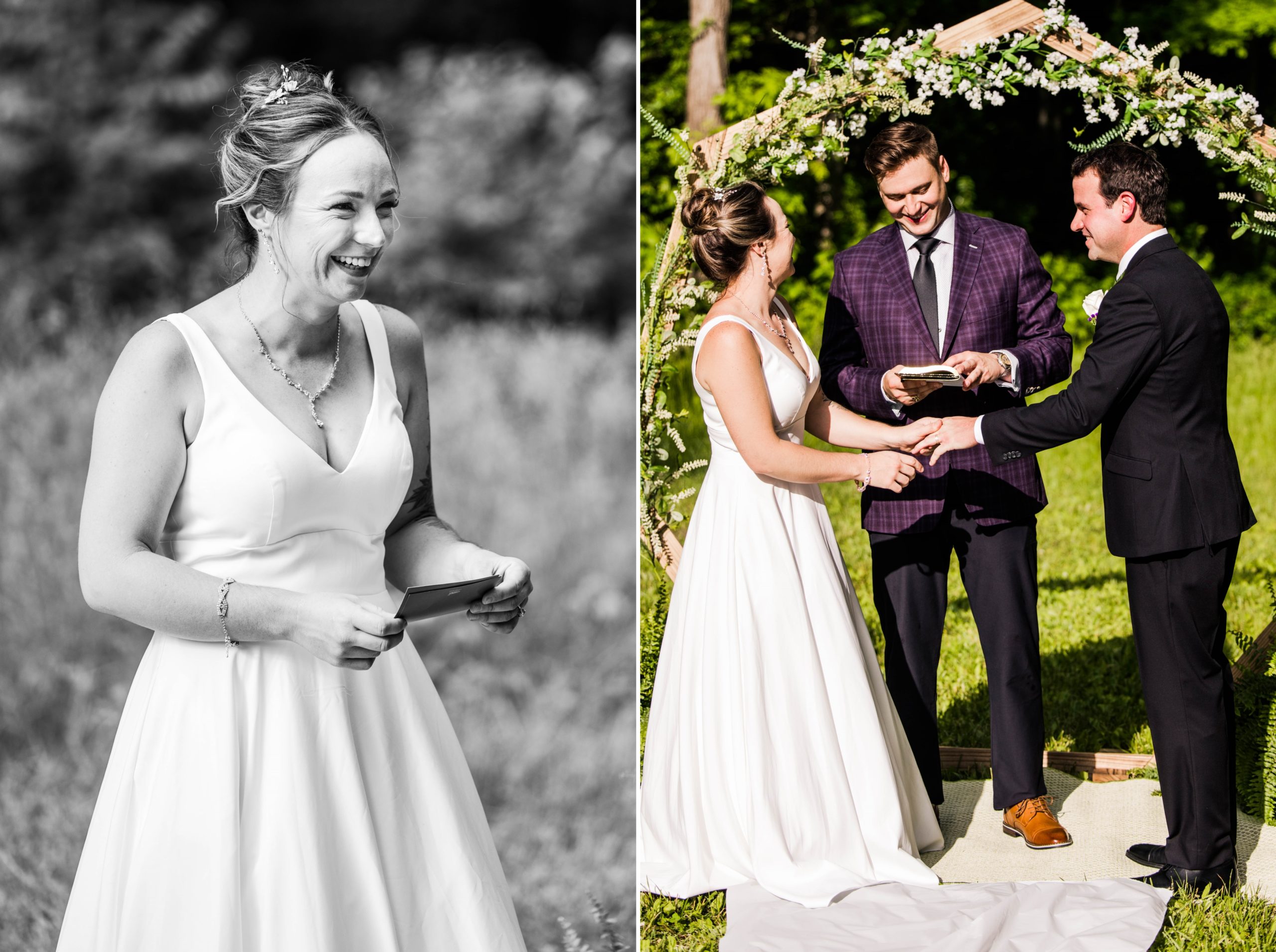 Collage of a black and white portrait of Abby, the bride, smiling  while holding her vowels and a color photo of the full length of the couple with their minister as Abby is putting Ross' wedding band on his hand. 