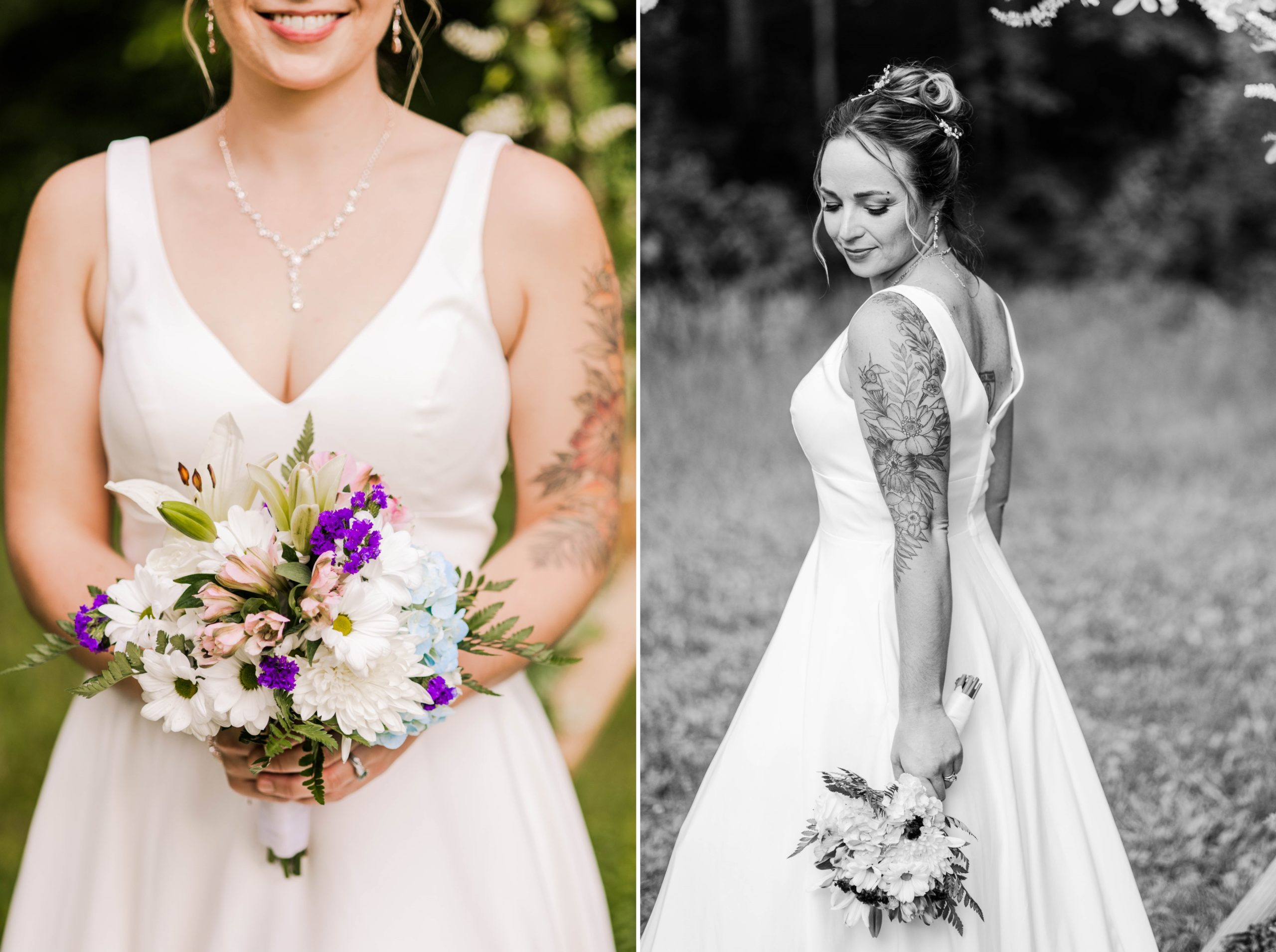 Collage of wedding day bridal portraits focused on the bouquet and the back of the bride's dress as she looks down with a smirk
