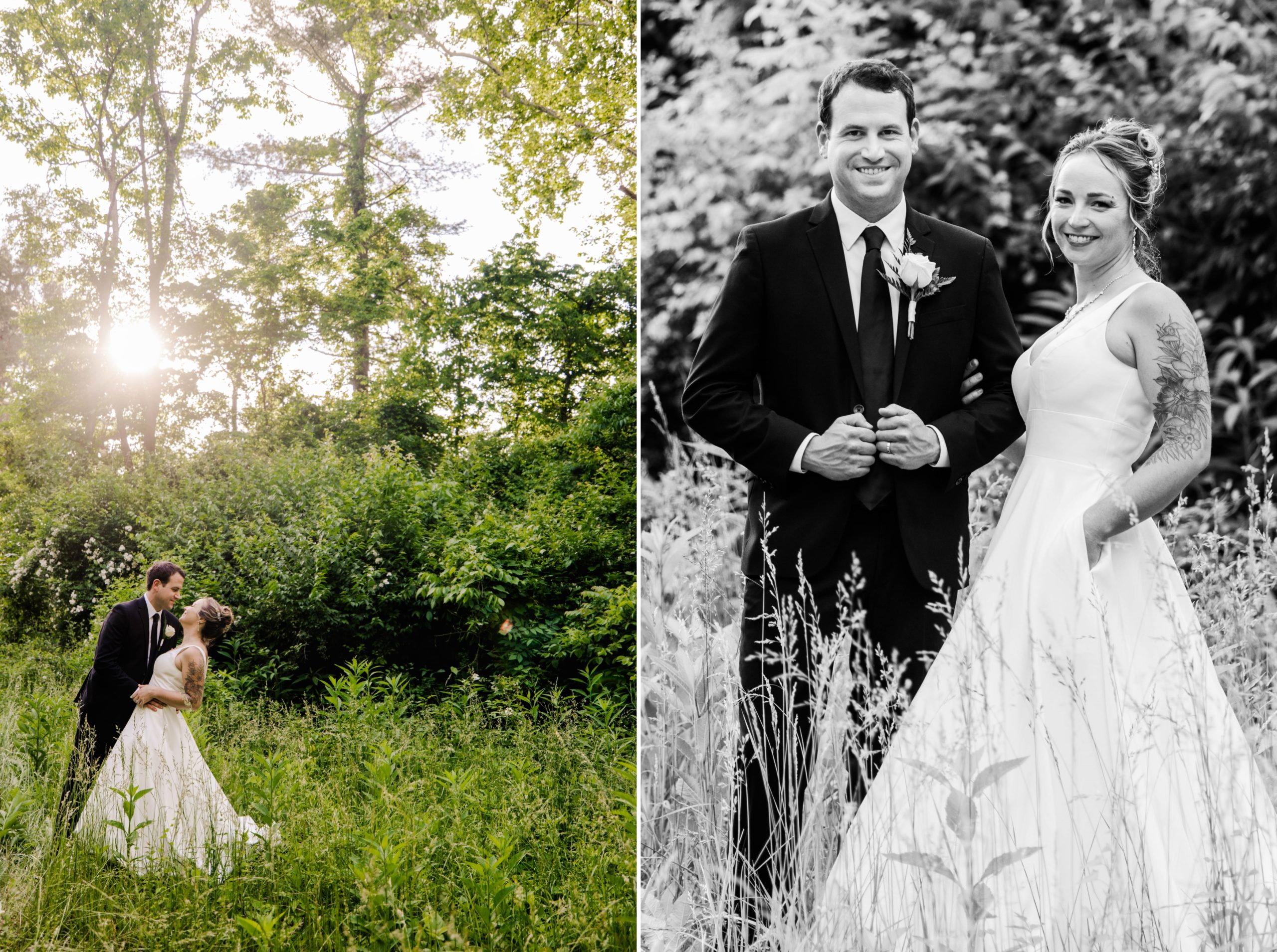 Collage of bride and groom wedding day portraits in a tall grass field 