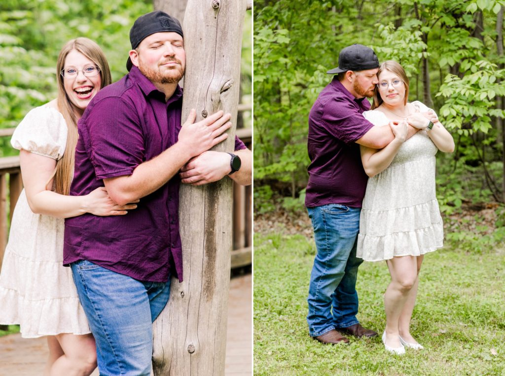 Collage of couple first photo is of bride to be looking and laughing at the camera as her fiancé is hugging a tree with his eyes closed and second photos is full length of the couple with the bride smirking at the camera and the groom to be snuggling in