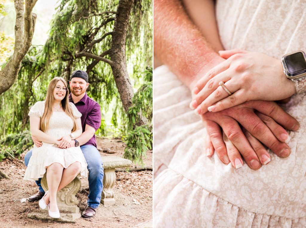 Collage of couple sitting on a bench under a canopy of trees and a close up of their hands laying on Jasmines lacey dress