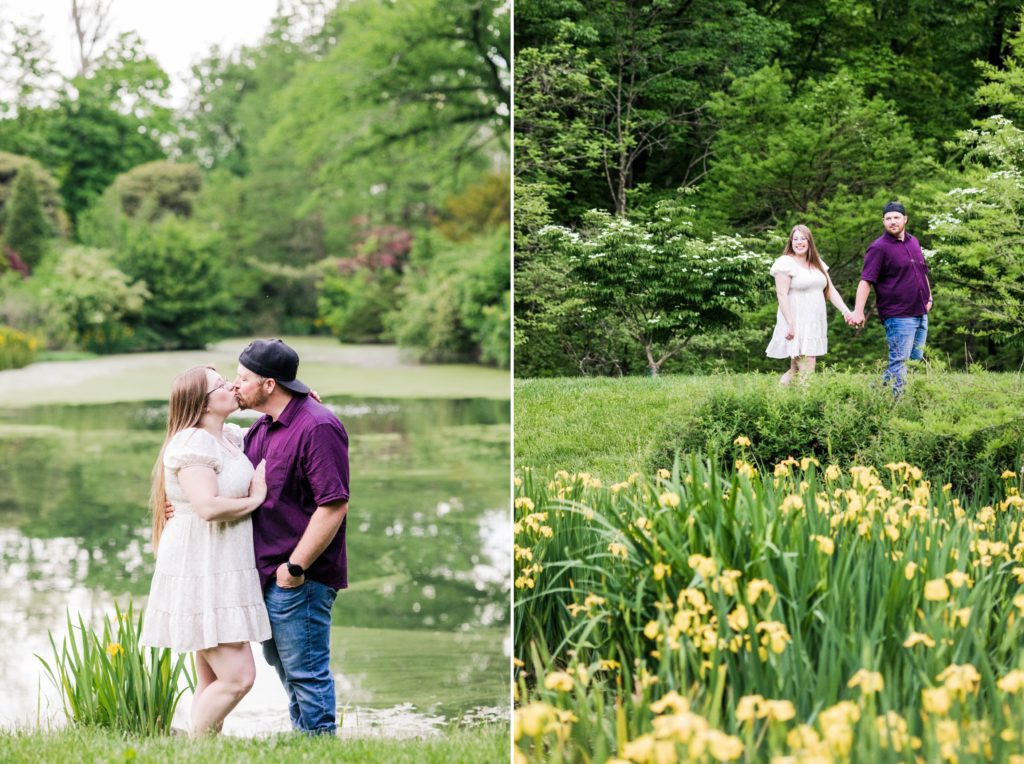 Collage of engaged couple at Mt. Airy Forest with  as the couple are sharing a kiss in front of the lake and holding hands as the walk along the pond