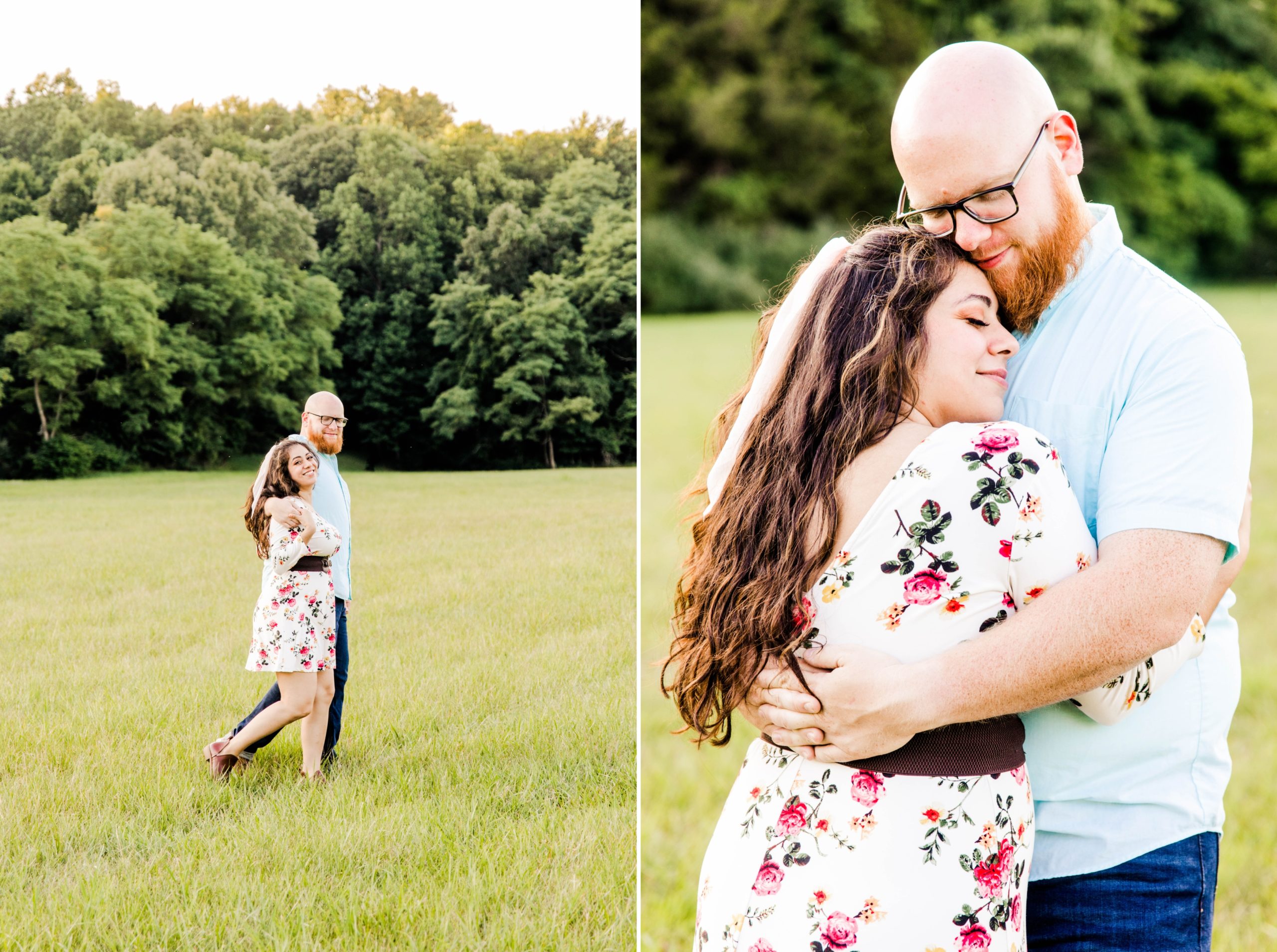 Multi-Image photos of engaged couple in an open field at East Fork State Park for engagement photos walking and close up hugging