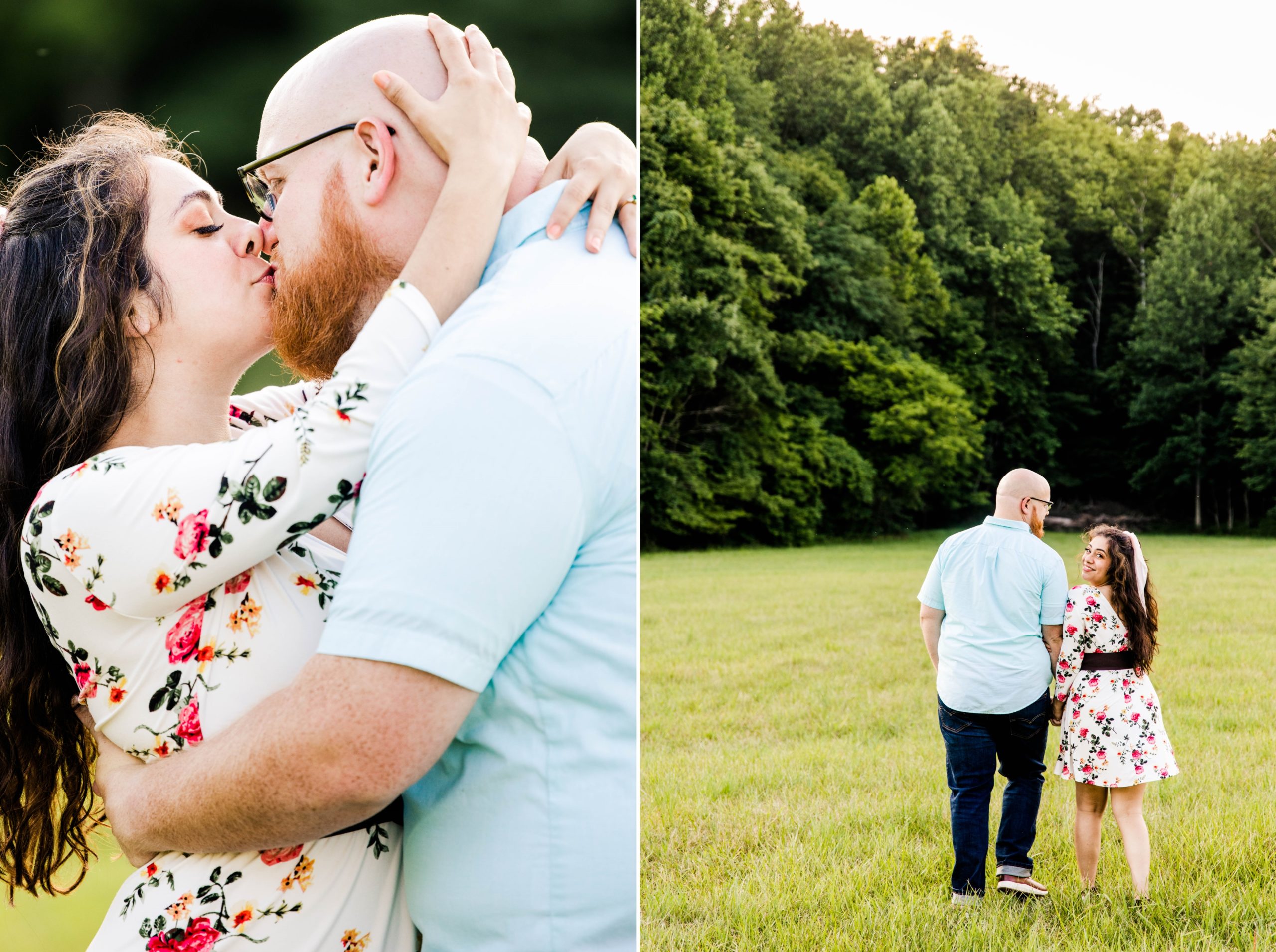 Two image photo of an engaged couple at East Fork State Park near Cincinnati OH with the couple wrapped in each other arms kissing and walking away from the camera as the bride looks over her shoulder