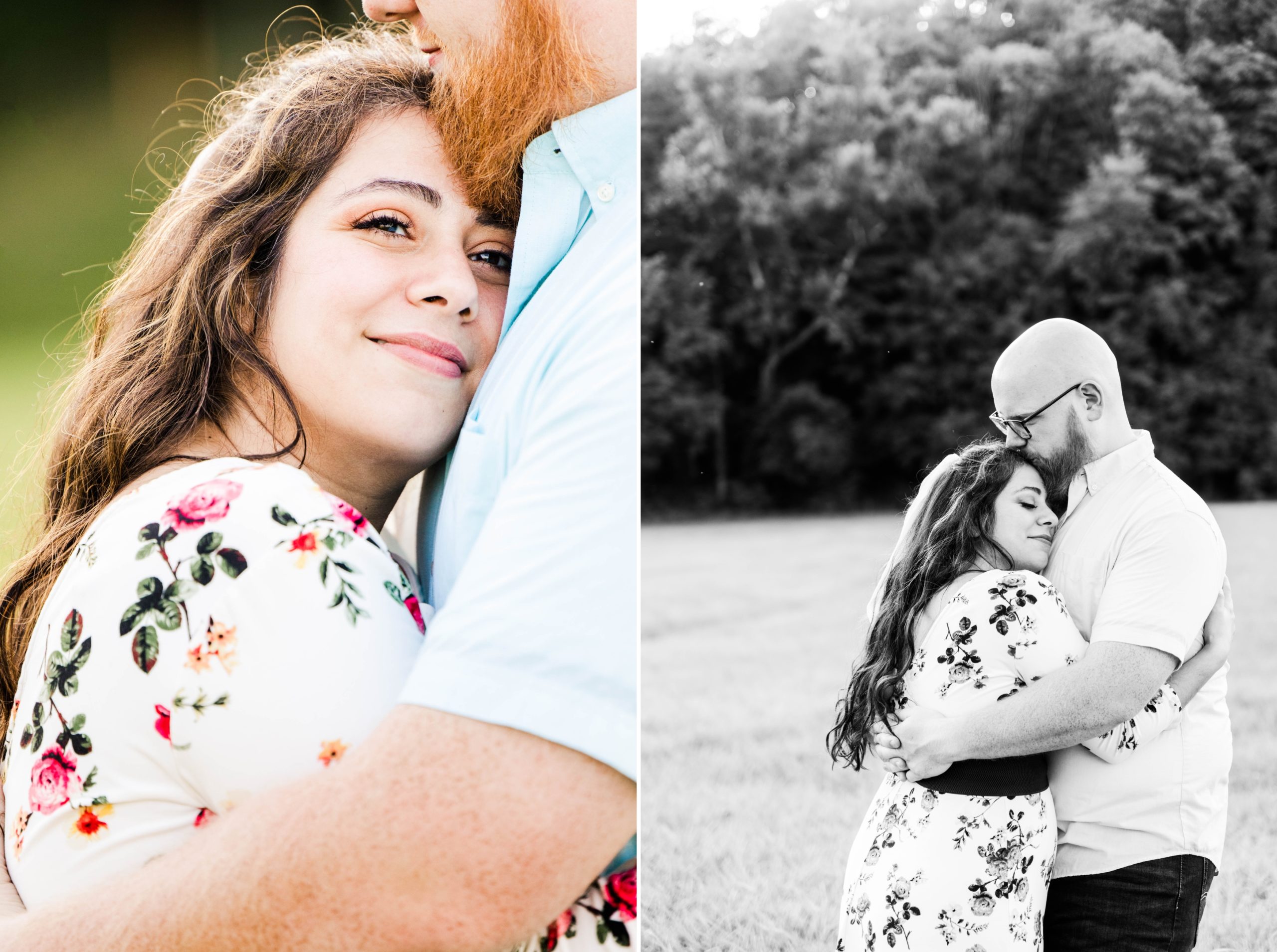 Photo collage of an engaged couple where the bride to be is leaning on the chest of the groom with one photos a close up of the bride and the second is black and white of the groom kissing the bride to be's forehead
