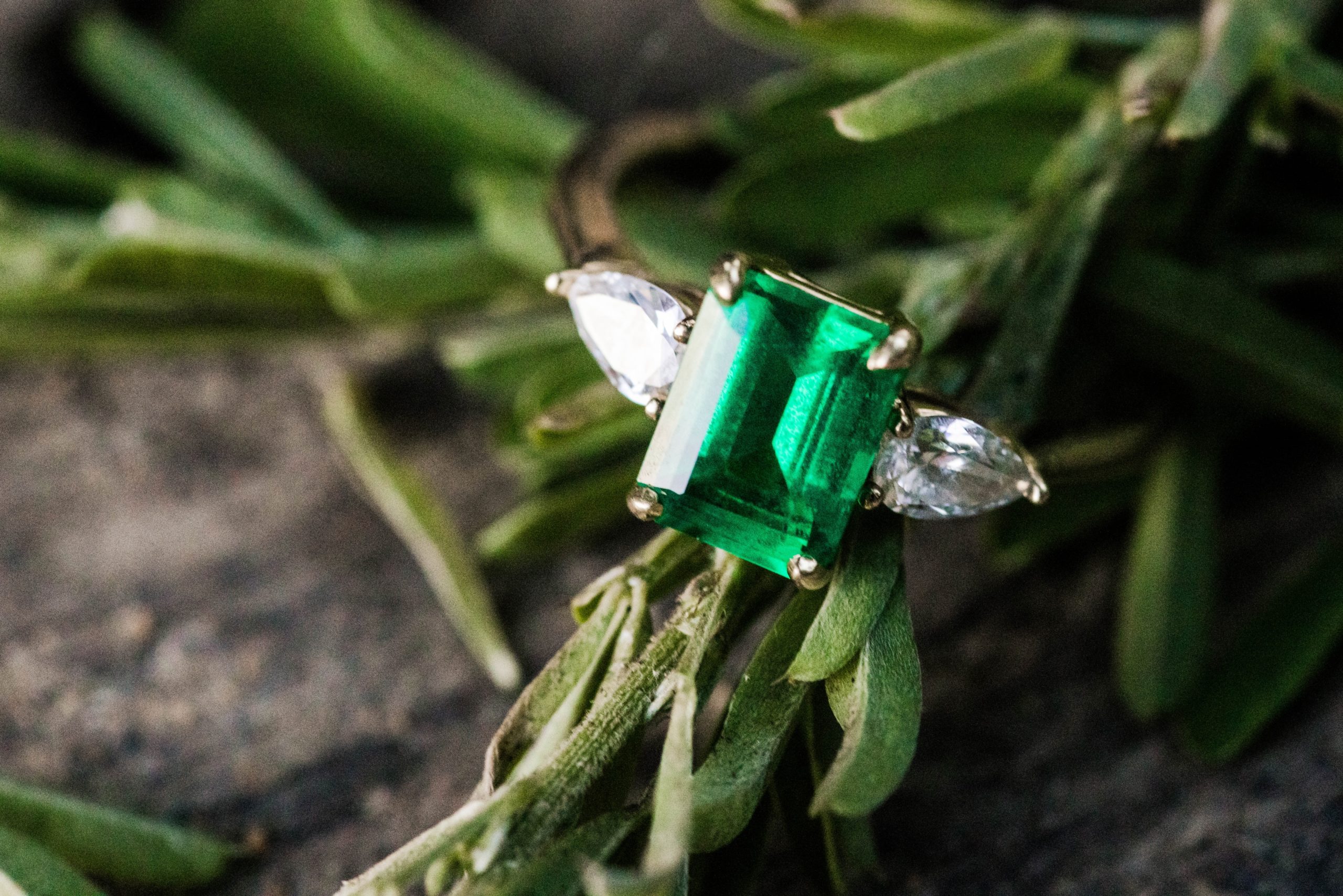 Emerald engagement ring sitting on greenery on a log in nature for a summer engagement session