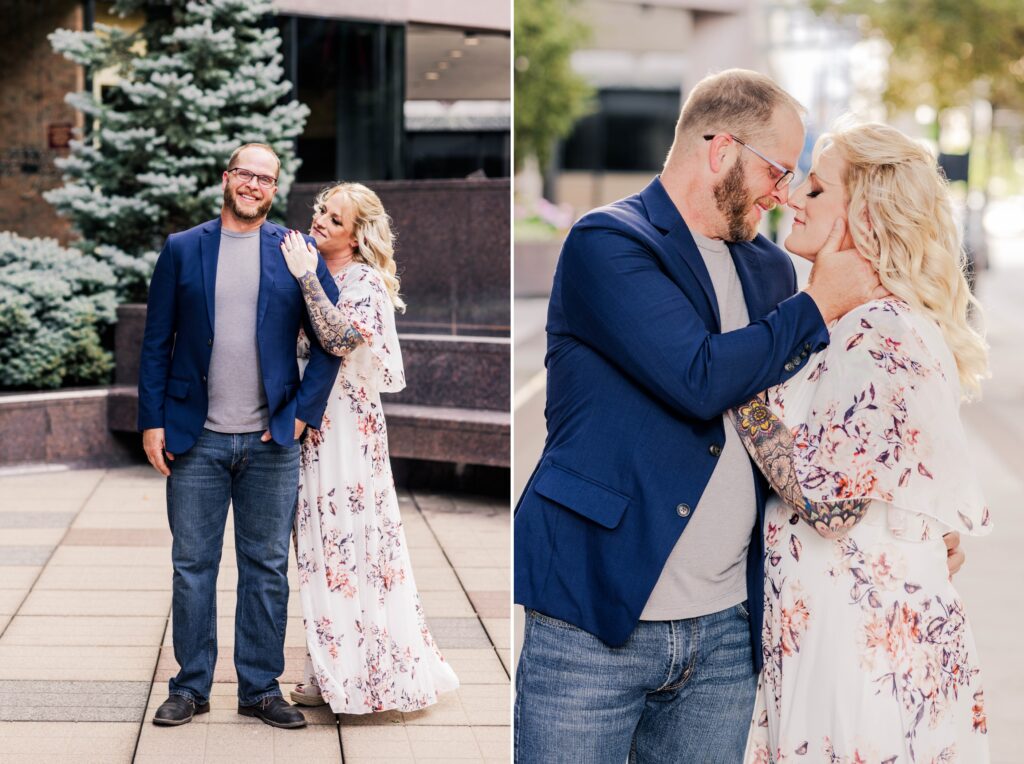 Romantic city engagement photos in downtown Cincinnati of an older couple