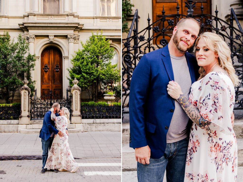 tattooed Engaged couple in downtown Cincinnati hugging each other in front of historic building in downtown Cincinnati