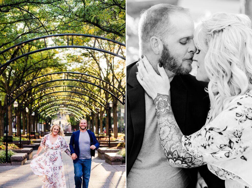 Golden hour photo of engaged couple running through light tunnels at Piatte Park in downtown cincinnati paired next to a black and white close up of a tattooed woman holding onto her fiance's neck as he kisses her on the nose for a romantic engagement photo