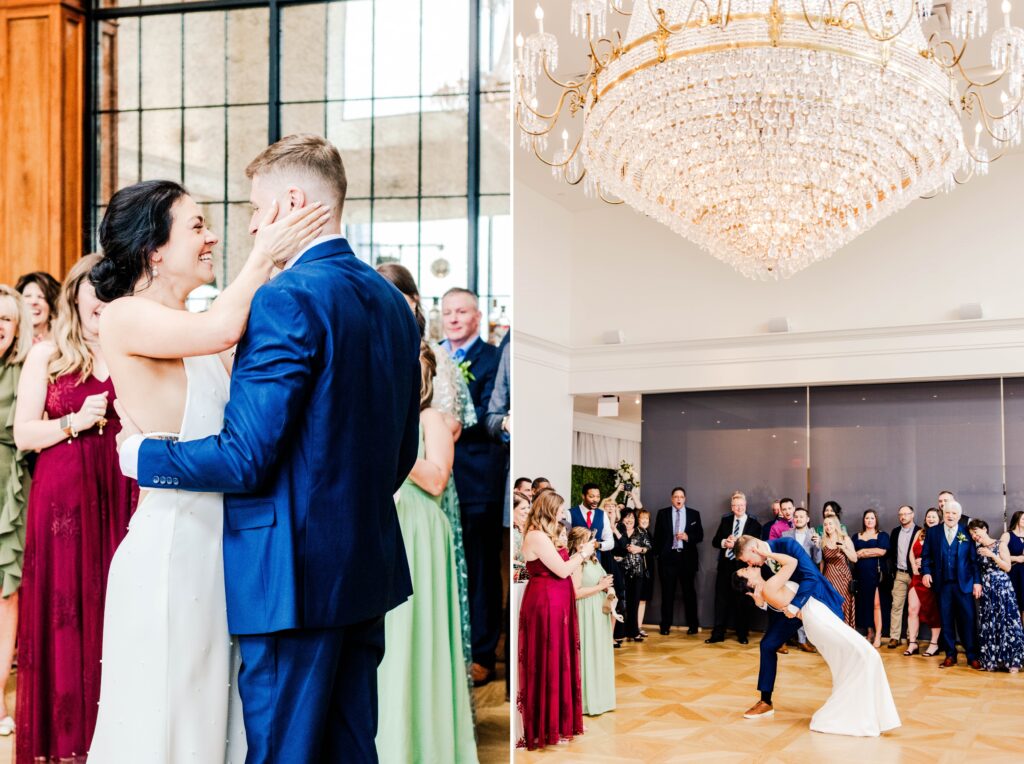 Bride and groom kissing to end their first dance