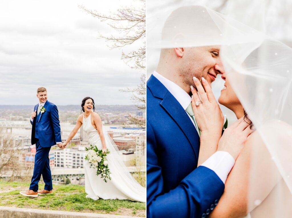 Married couple laughing and smiling during wedding day portraits