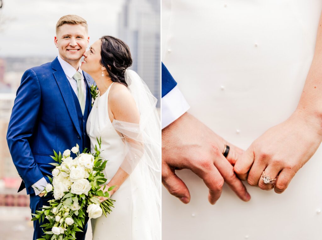 Groom smiling at the camera with his bride on the arm as they show off their wedding rings