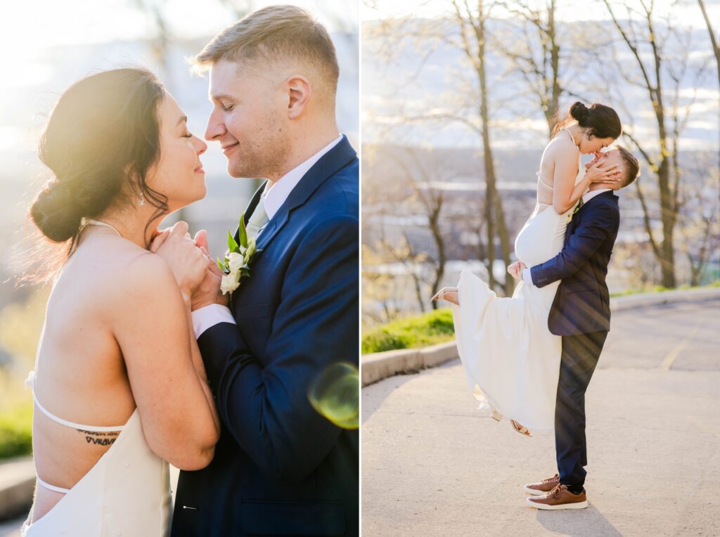 Sunset photos of a bride and groom during a spring wedding