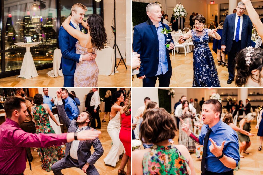 Wedding reception dance party photo collage with tons of smiles and fun expressions