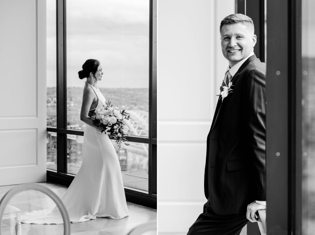 Solo natural light portraits of a bride and groom on their wedding day