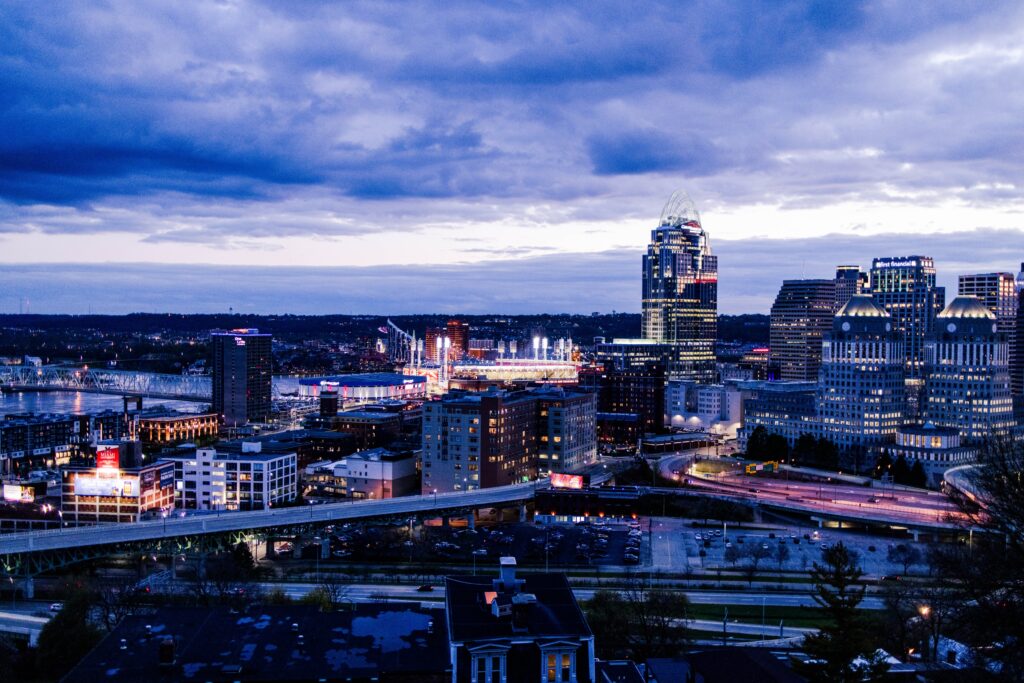 Cincinnati skyline lit up during blue hour