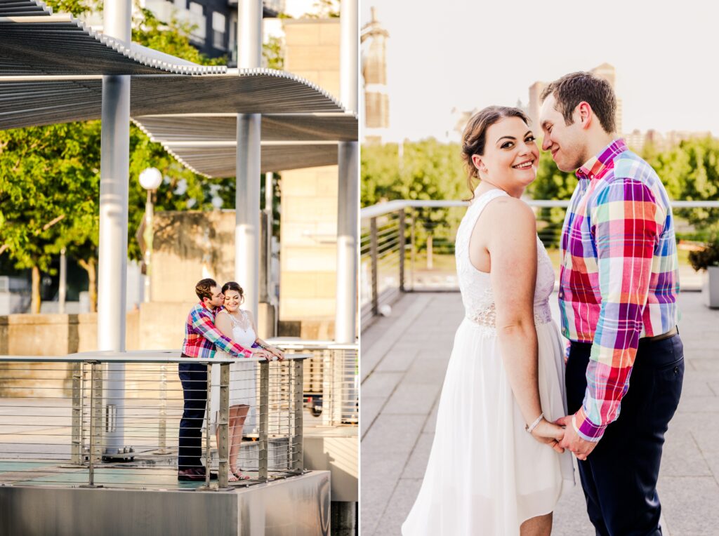 Smiling couple during golden hour during engagement photos at Smale Park