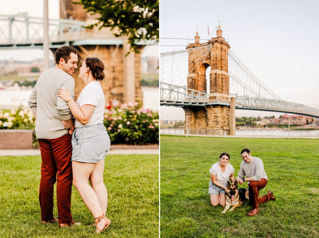 Engaged couple kissing and snuggling dog by Roebling Bridge